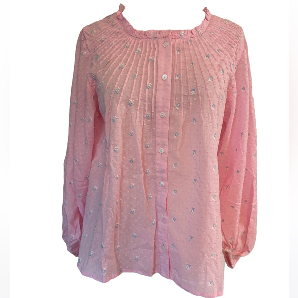 LOVESHACKFANCY NEW 100% cotton embroidered floral button down blouse -pink -S
